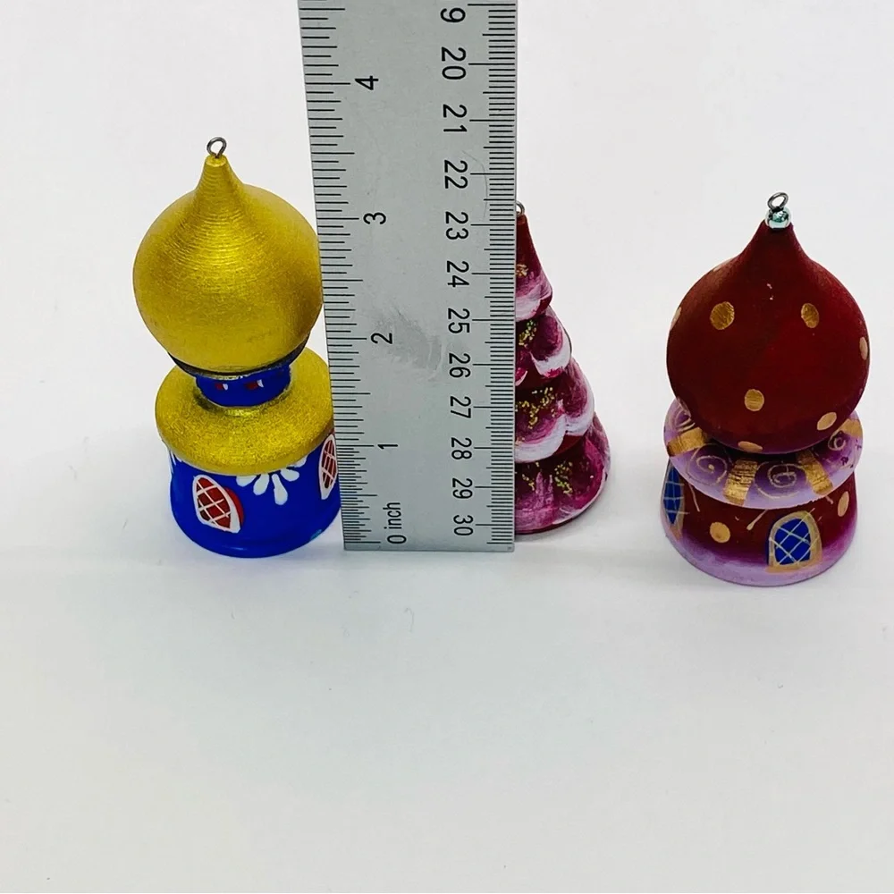 Wooden Hand Painted Set of 5 Christmas Tree Ornaments Church Tree Russian Color
